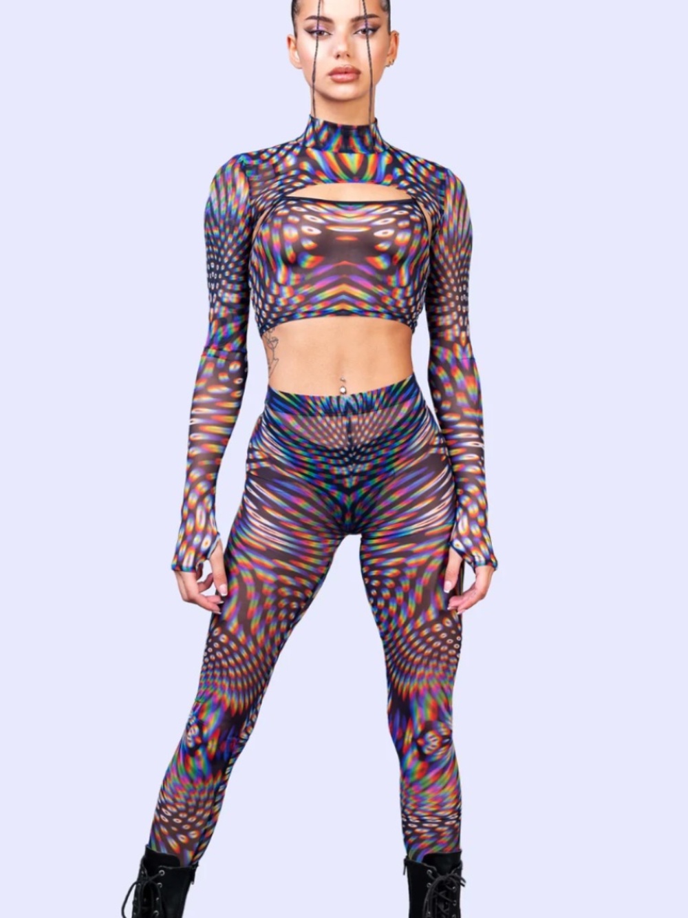 BADINKA Pulsar Mesh 3-Piece Festival Rave Set Shrug + Top + Leggings-Small